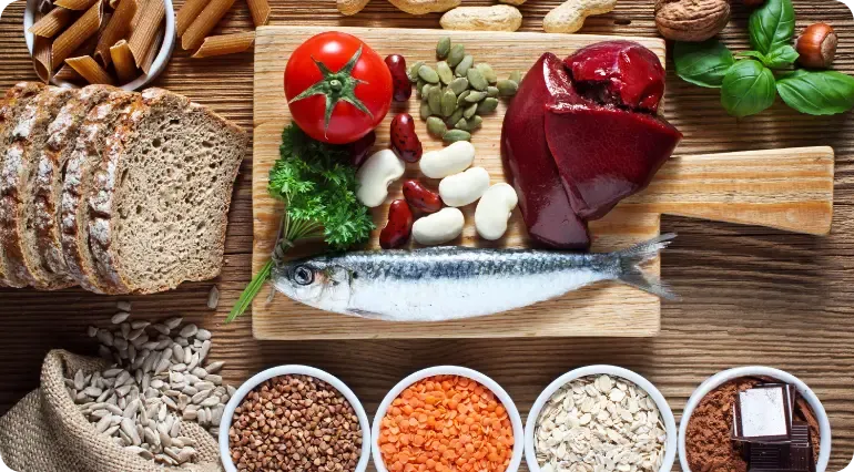 Copper-rich foods including liver, nuts, seeds and grains