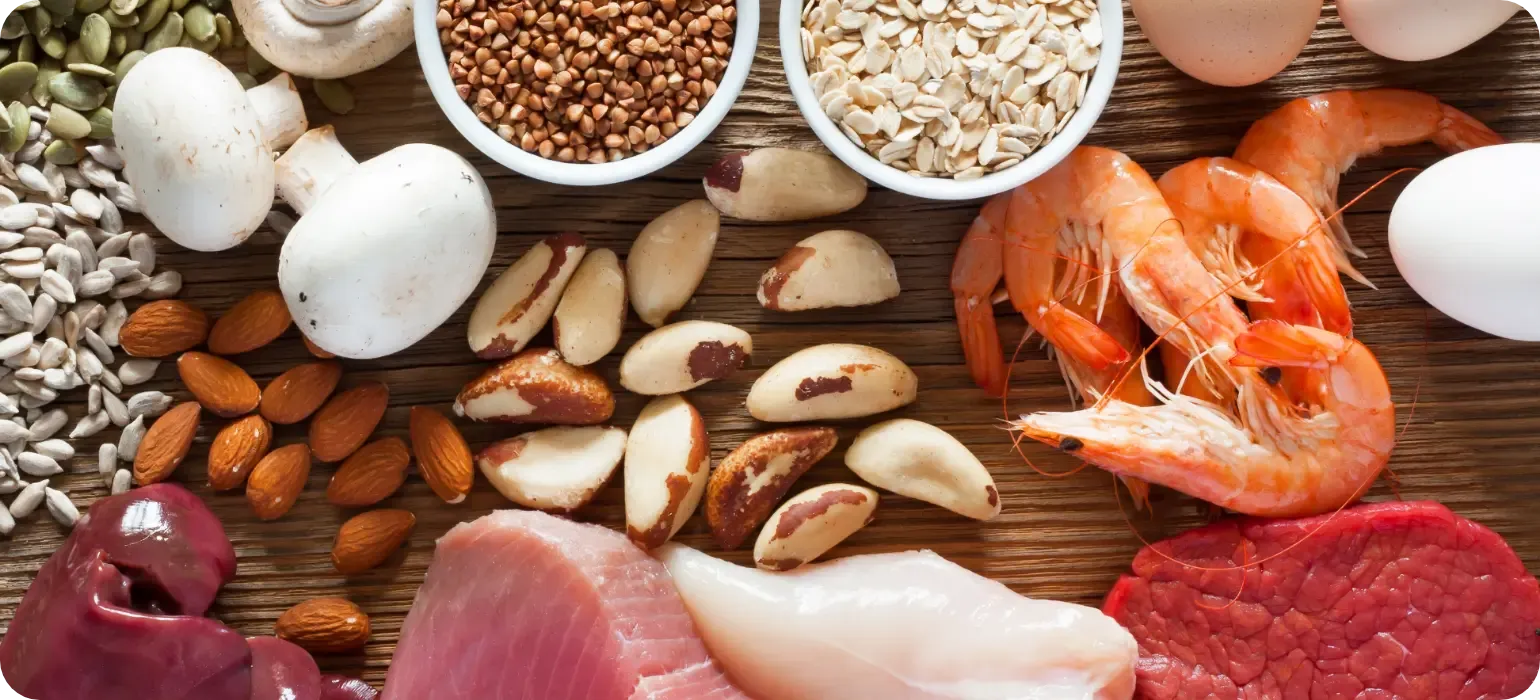 Selenium-rich foods including brazil nuts, tuna and shrimp